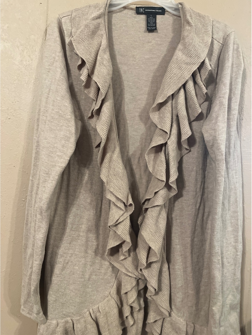 INC International Concepts Beige Ruffle Cardigan Sweater Large
